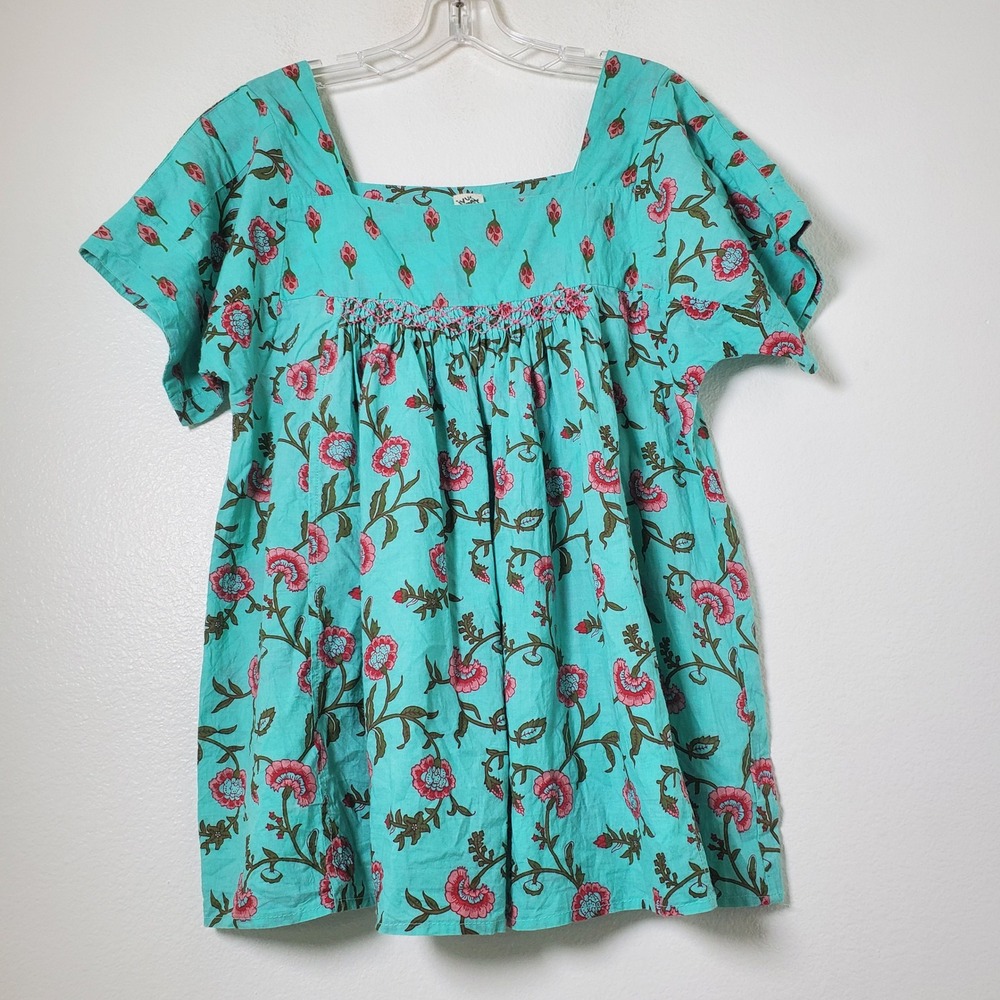 Ivy Jane Turquoise Floral Cotton Smocked Baby Doll Blouse Top 6 Women's Size M - Picture 8 of 8